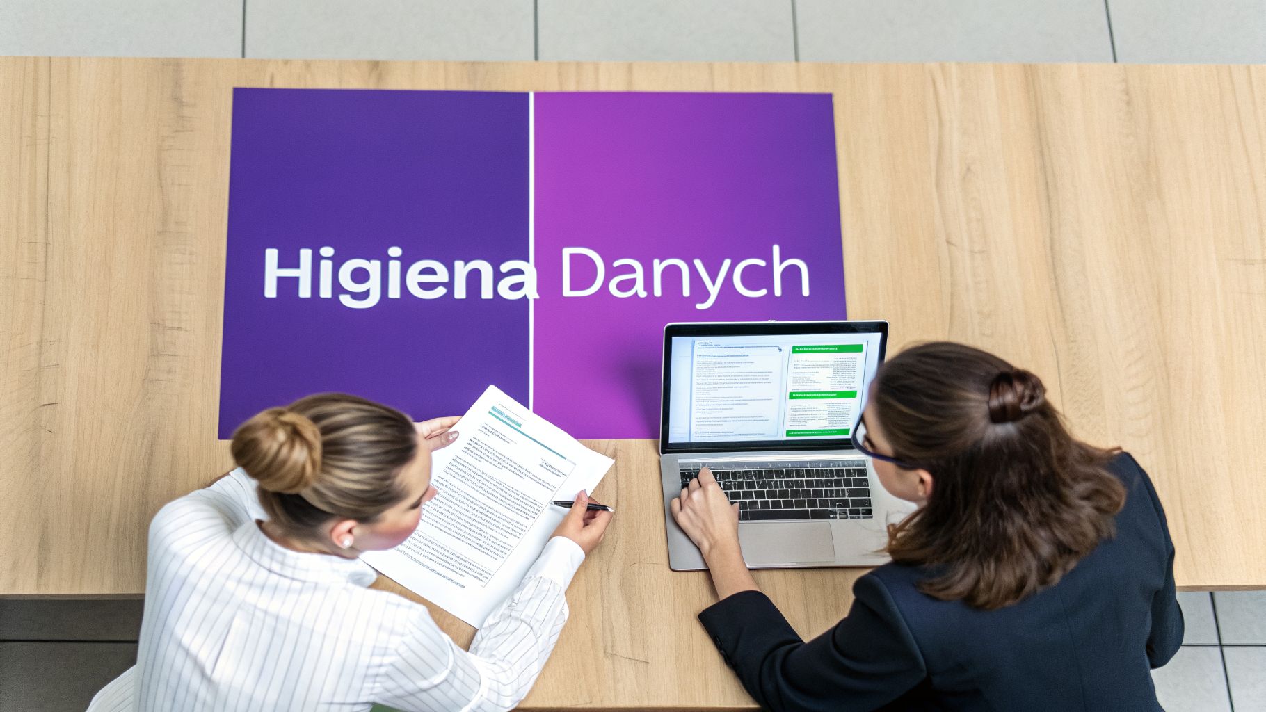 Dwie kobiety pracujące przy stole, jedna przegląda dokumenty, druga korzysta z laptopa, na stole napis 'Higiena Danych'.