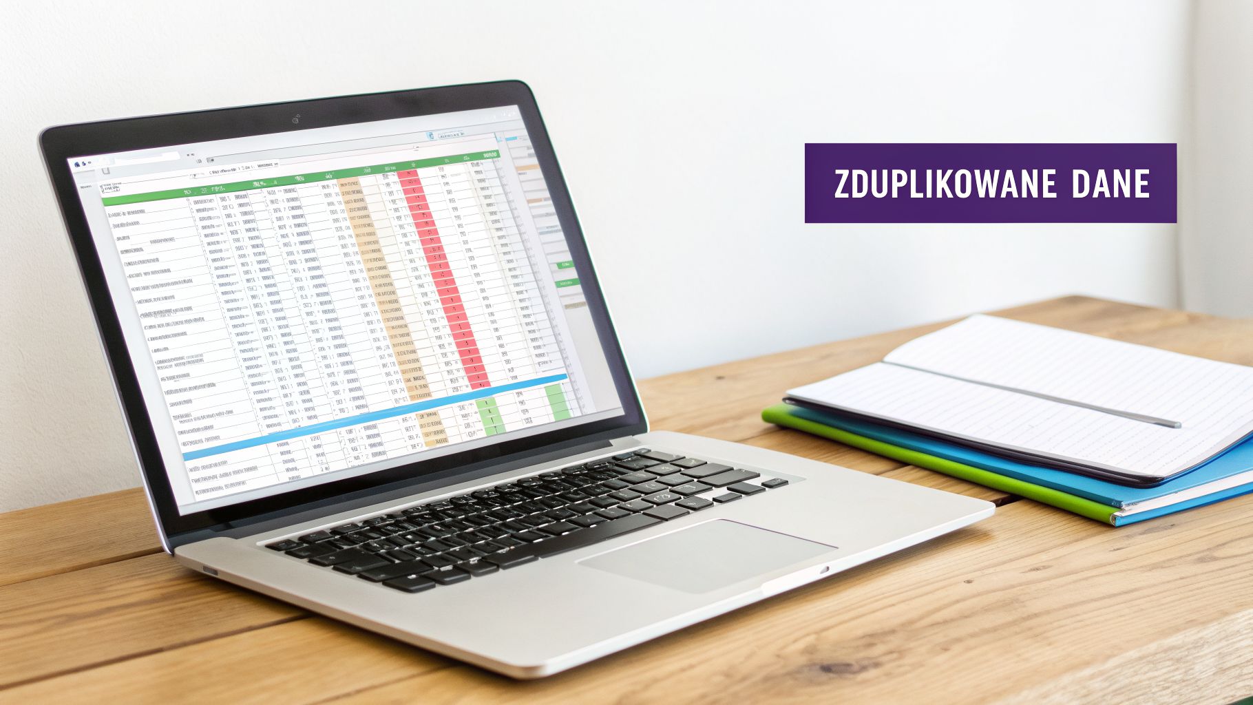 Laptop z otwartym arkuszem kalkulacyjnym na drewnianym stole, obok stos notatników. Banner 'ZDUPLIKOWANE DANE'.