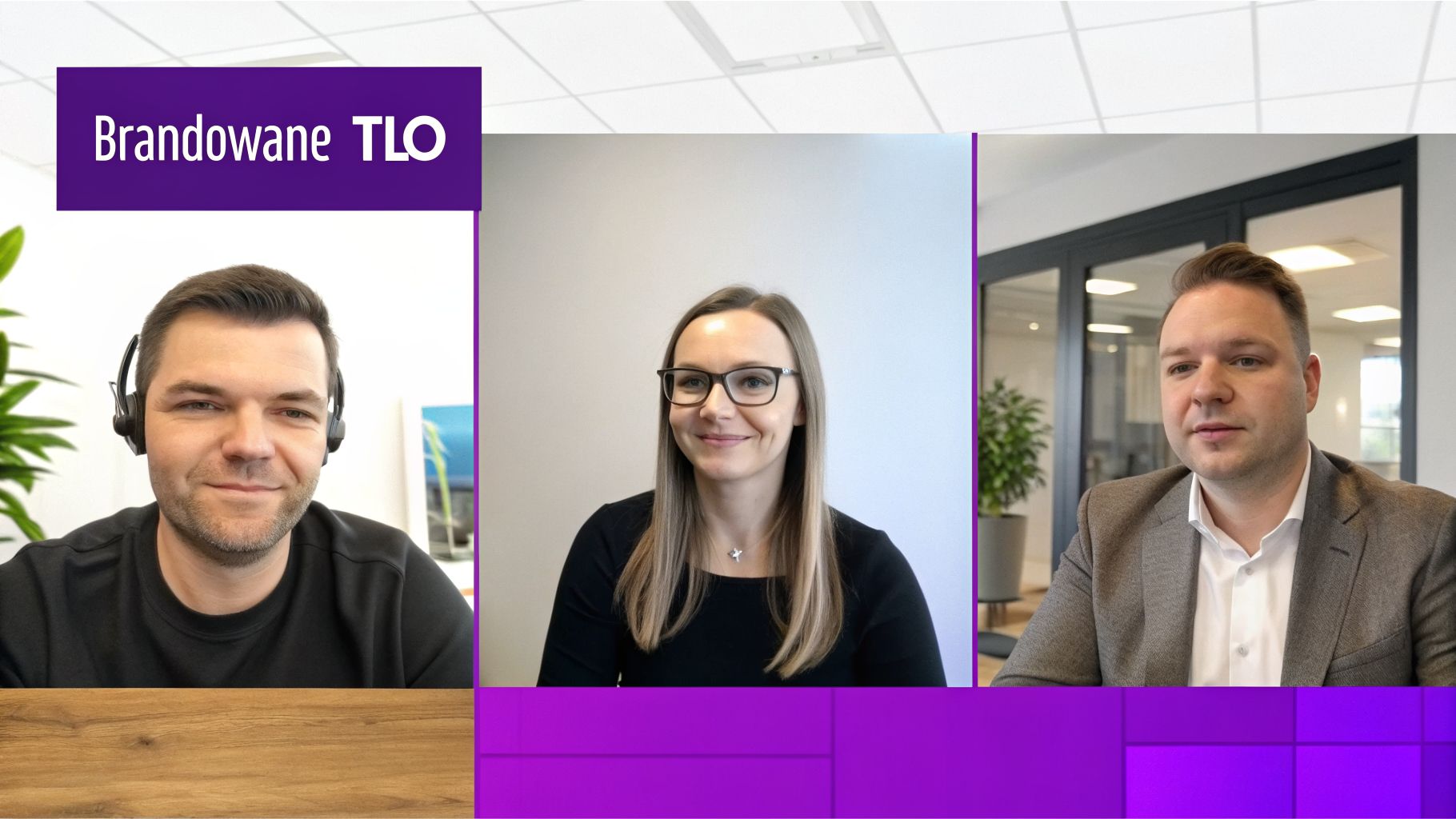 Trzy osoby, dwóch mężczyzn i kobieta, uczestniczą w wideokonferencji. Jeden z mężczyzn ma słuchawki. Grafika ilustruje brandowane tło w rozmowie.