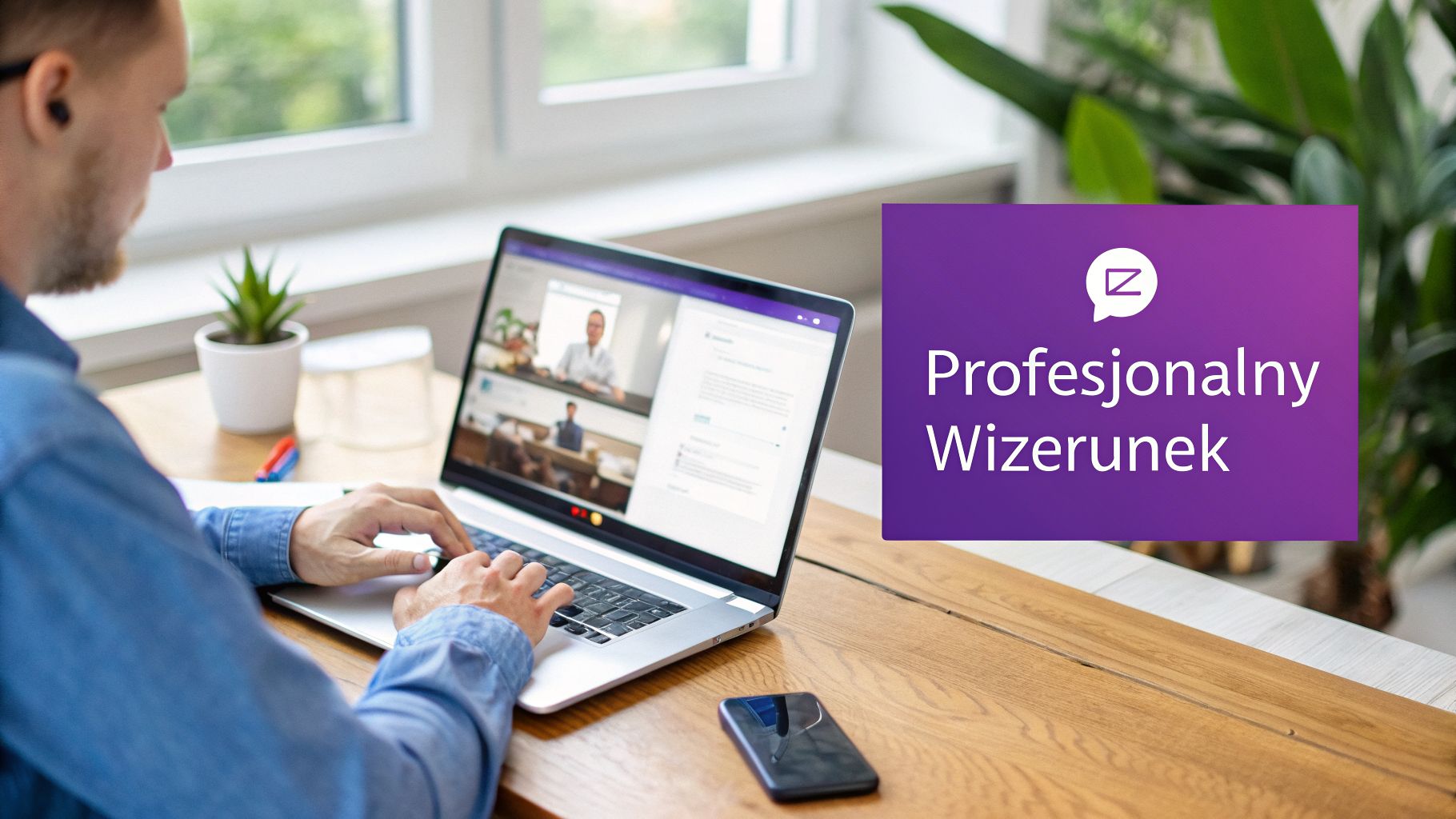 Mężczyzna pracuje na laptopie, uczestnicząc w wideokonferencji, z telefonem obok. Fioletowa grafika promuje profesjonalny wizerunek.