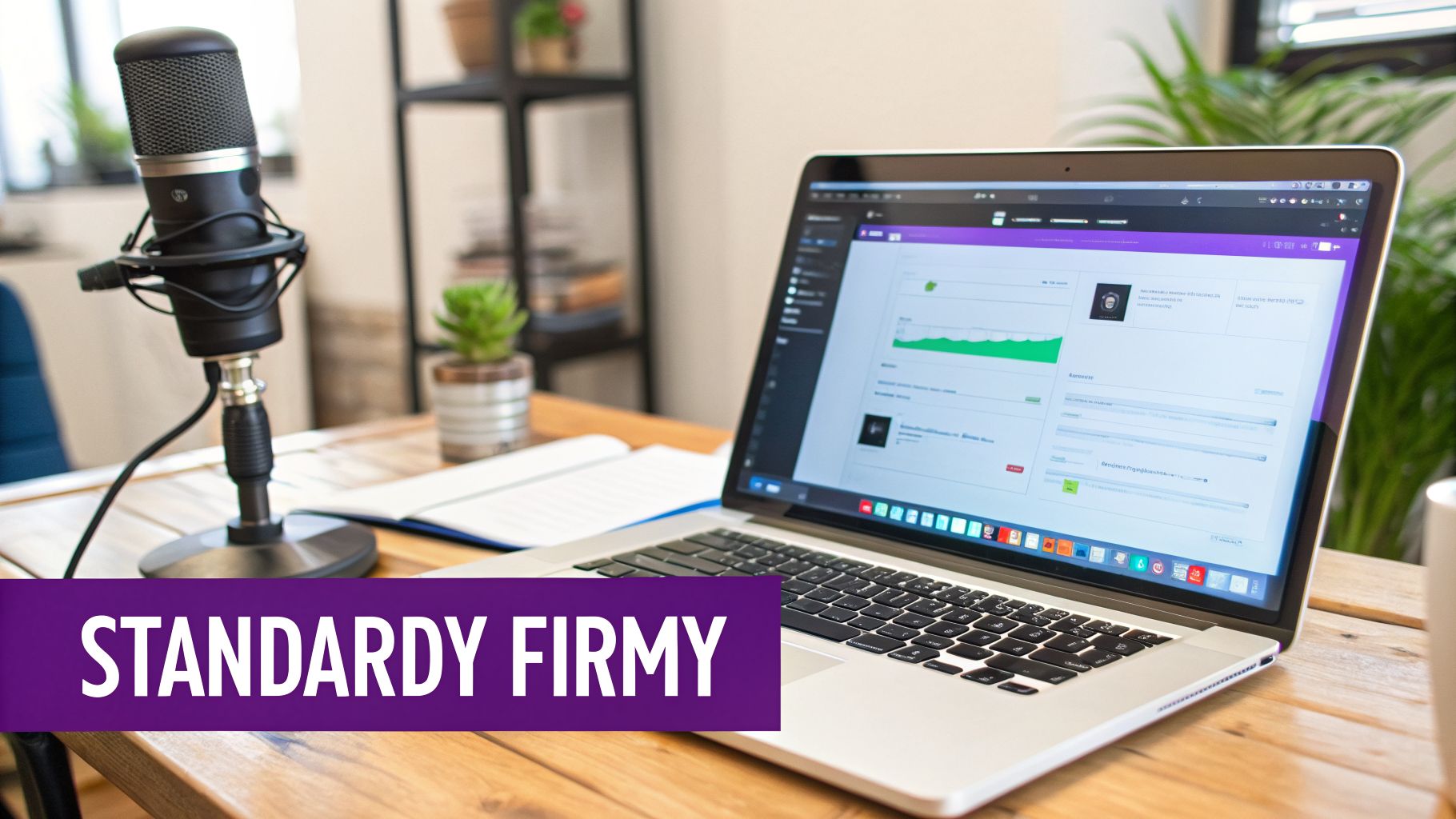 Nowoczesne miejsce pracy z mikrofonem, otwartym laptopem pokazującym dane i notatnikiem na drewnianym biurku.