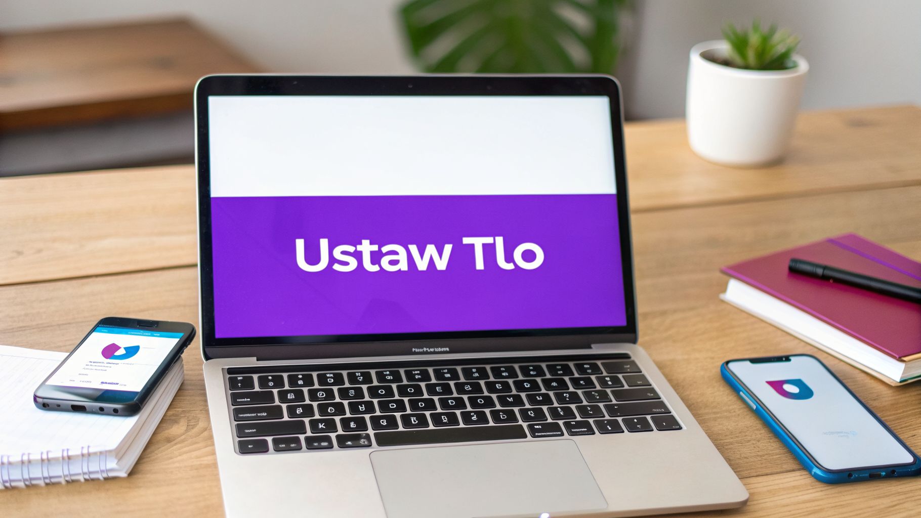 Laptop z otwartą aplikacją do ustawiania tła, smartfony i notatniki na drewnianym biurku.