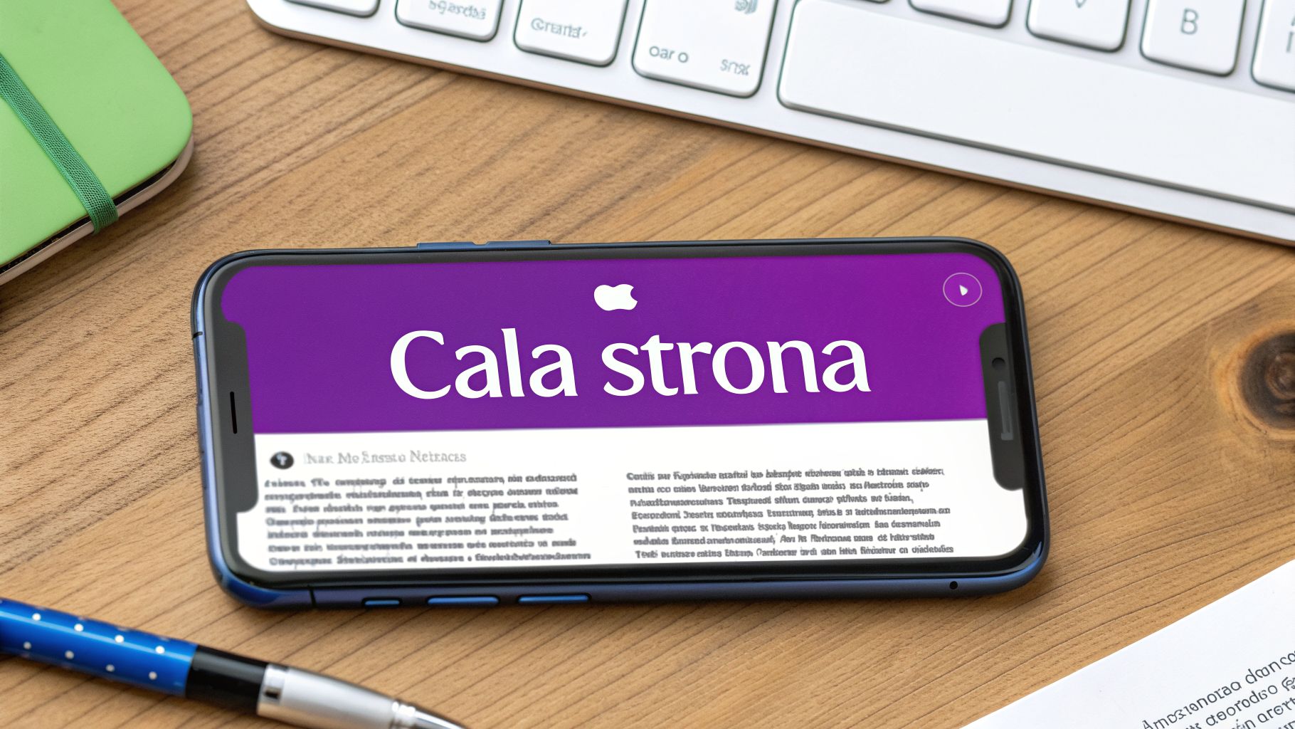 Niebieski iPhone leżący na drewnianym biurku, wyświetlający fioletową stronę z napisem 'Cala strona' i logo Apple, otoczony klawiaturą, notatnikiem i długopisem.