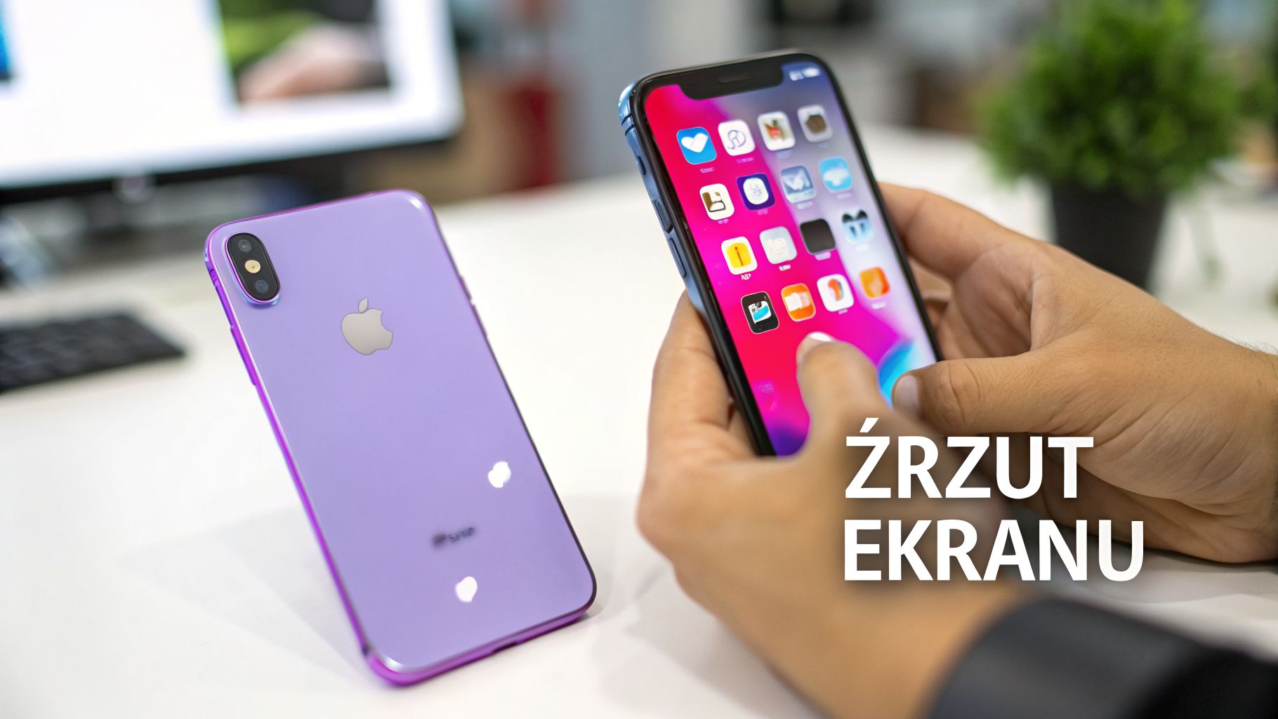 Dwa smartfony iPhone, jeden fioletowy na stole, drugi w dłoni, wyświetlający aplikacje. Obraz z napisem Zrzut Ekranu.