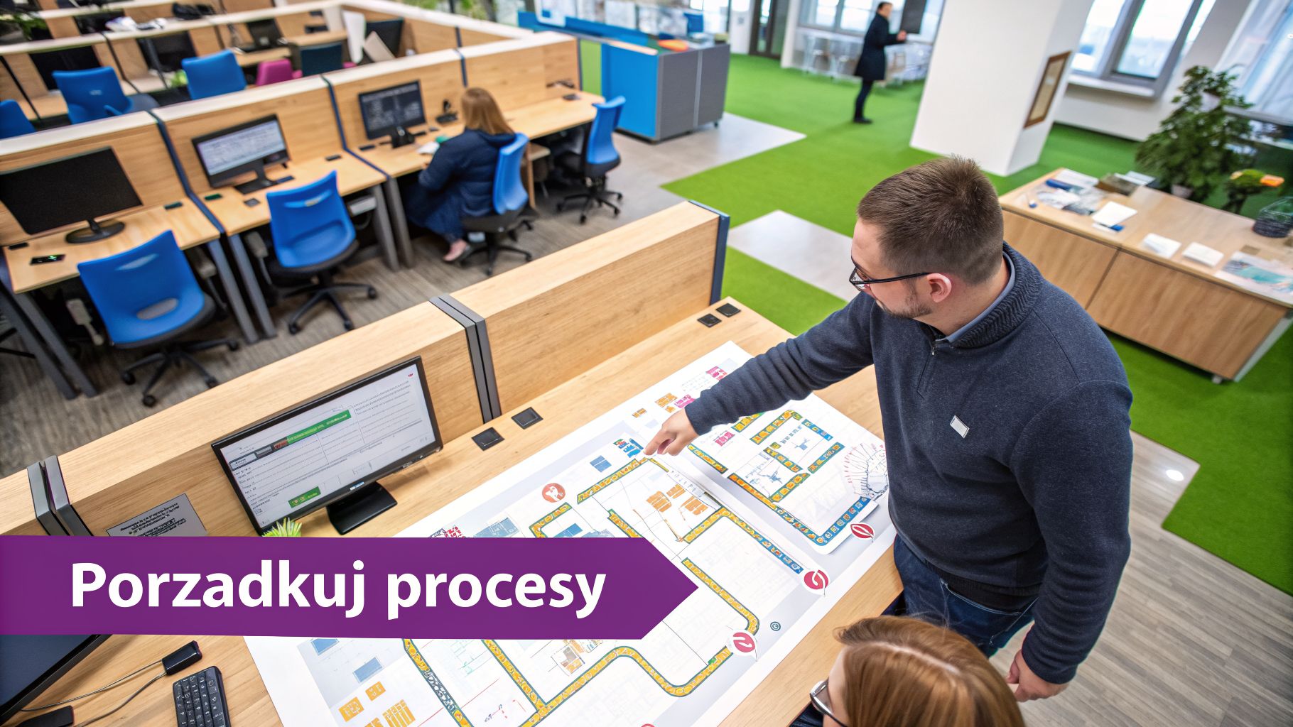 Grafika przedstawiająca zespół analizujący duży diagram przepływu procesu rozłożony na stole w nowoczesnym biurze.