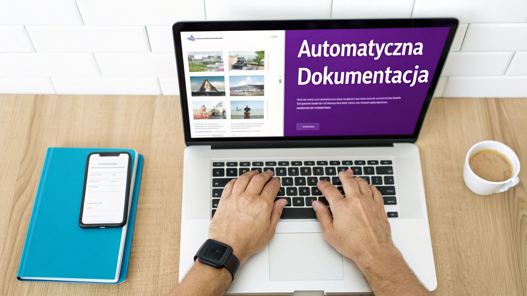 Grafika przedstawiająca miejsce pracy: na biurku leży laptop z otwartą aplikacją do automatyzacji dokumentacji, obok kubek kawy i smartfon.